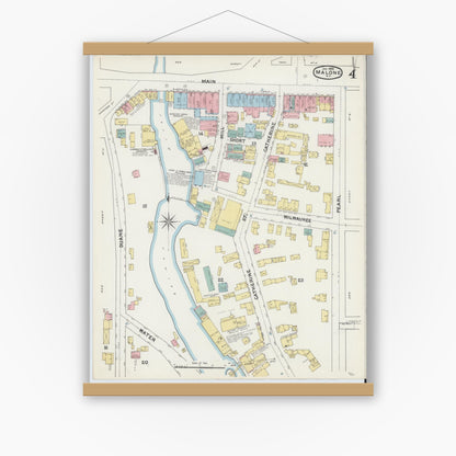 Old map wall art mockup — magnetic wood frame on white wall — Sanborn Fire Insurance Map from Malone, Franklin County, New York (1892), Sheet #0004