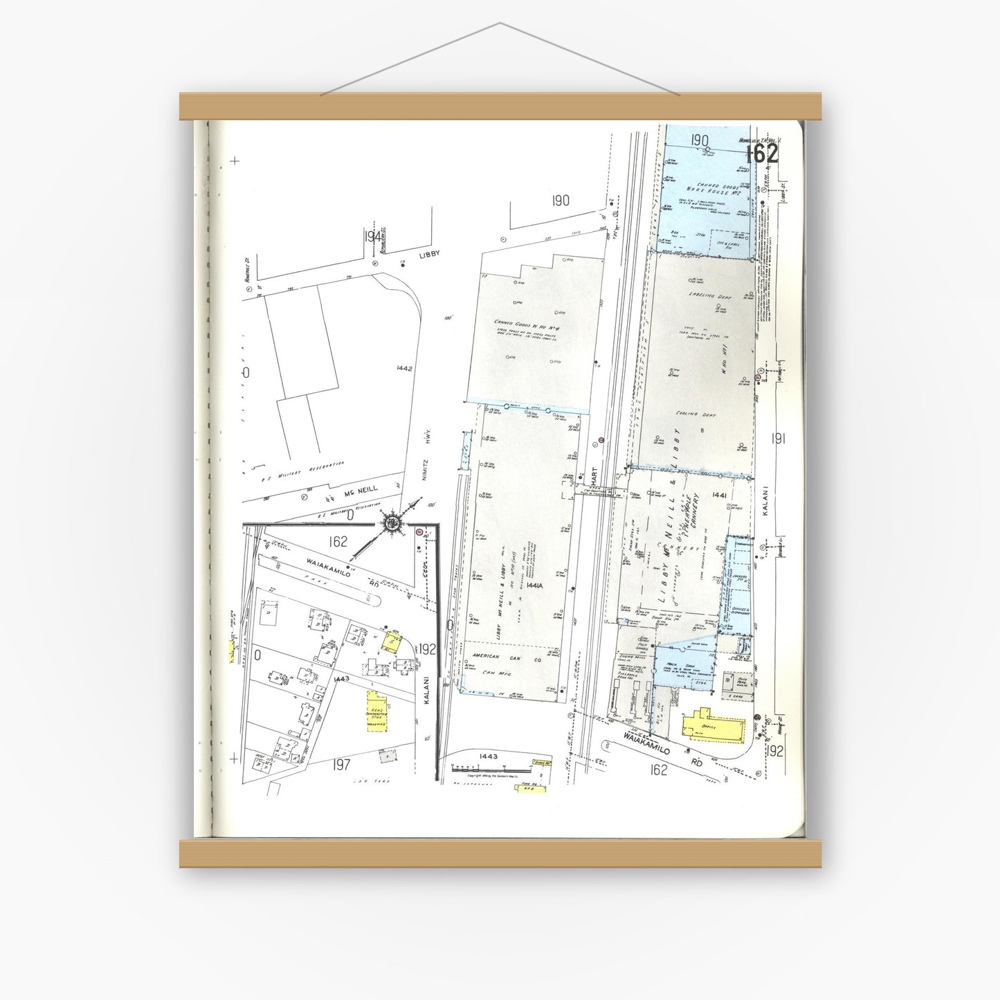 Old map wall art mockup — magnetic wood frame on white wall — Sanborn Fire Insurance Map from Honolulu, Oahu County, Hawaii (1955), Sheet #0162