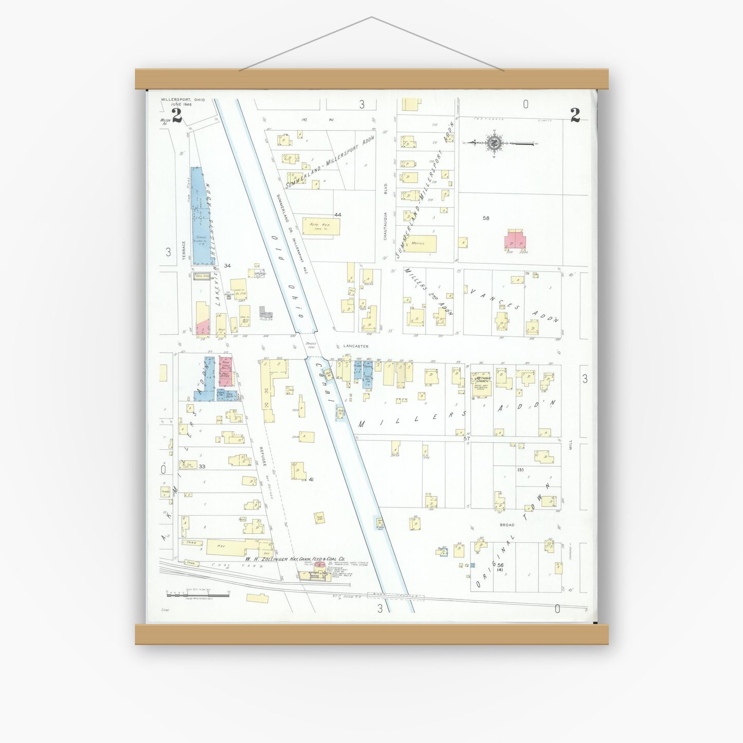 Old map wall art mockup — magnetic wood frame on white wall — Sanborn Fire Insurance Map from Millersport, Fairfield County, Ohio (1946), Sheet #0002