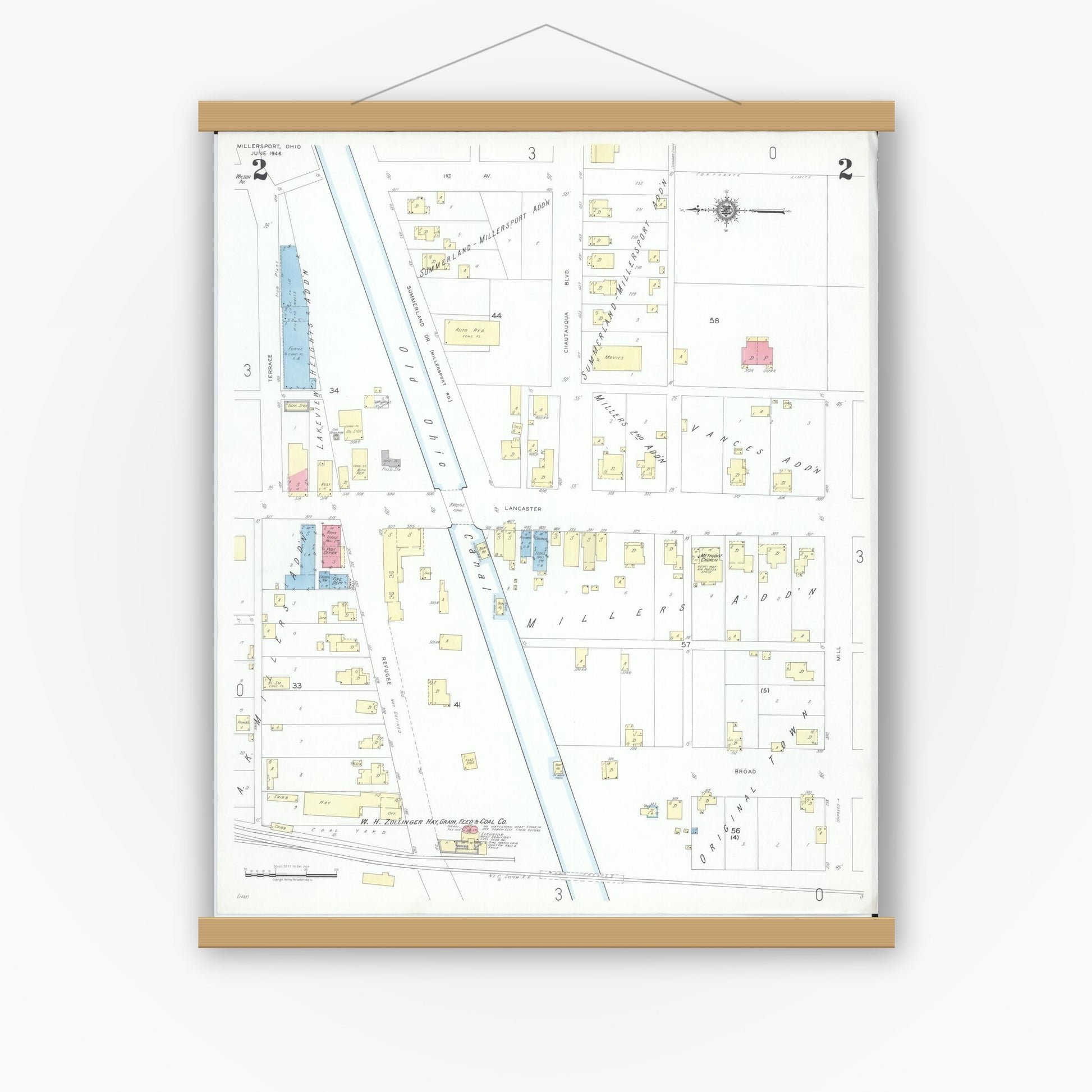 Old map wall art mockup — magnetic wood frame on white wall — Sanborn Fire Insurance Map from Millersport, Fairfield County, Ohio (1946), Sheet #0002
