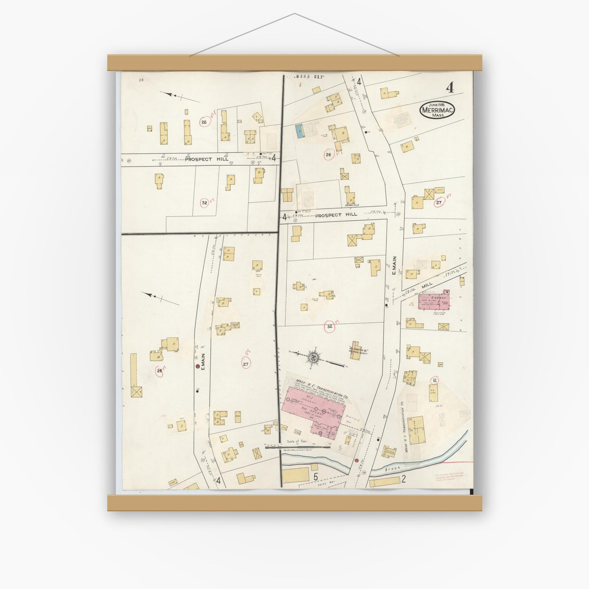 Old map wall art mockup — magnetic wood frame on white wall — Sanborn Fire Insurance Map from Merrimac, Essex County, Massachusetts (1934), Sheet #0004