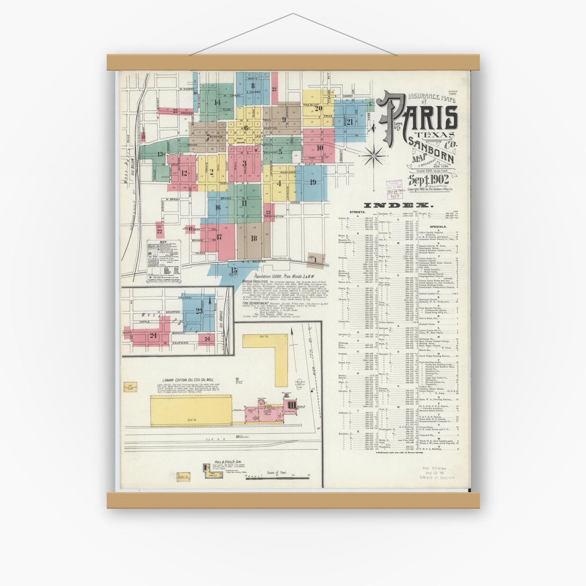 Old map wall art mockup — magnetic wood frame on white wall — Sanborn Fire Insurance Map from Paris, Lamar County, Texas (1902), Sheet #0001