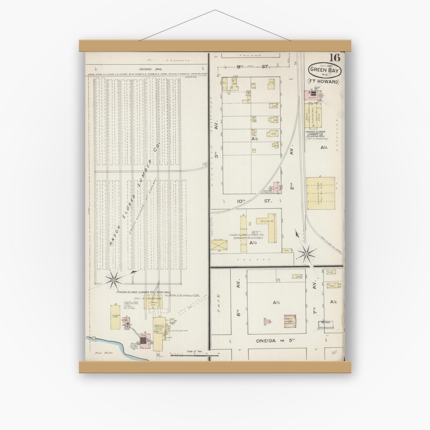 Old map wall art mockup — magnetic wood frame on white wall — Sanborn Fire Insurance Map from Green Bay, Brown County, Wisconsin (1887), Sheet #0016