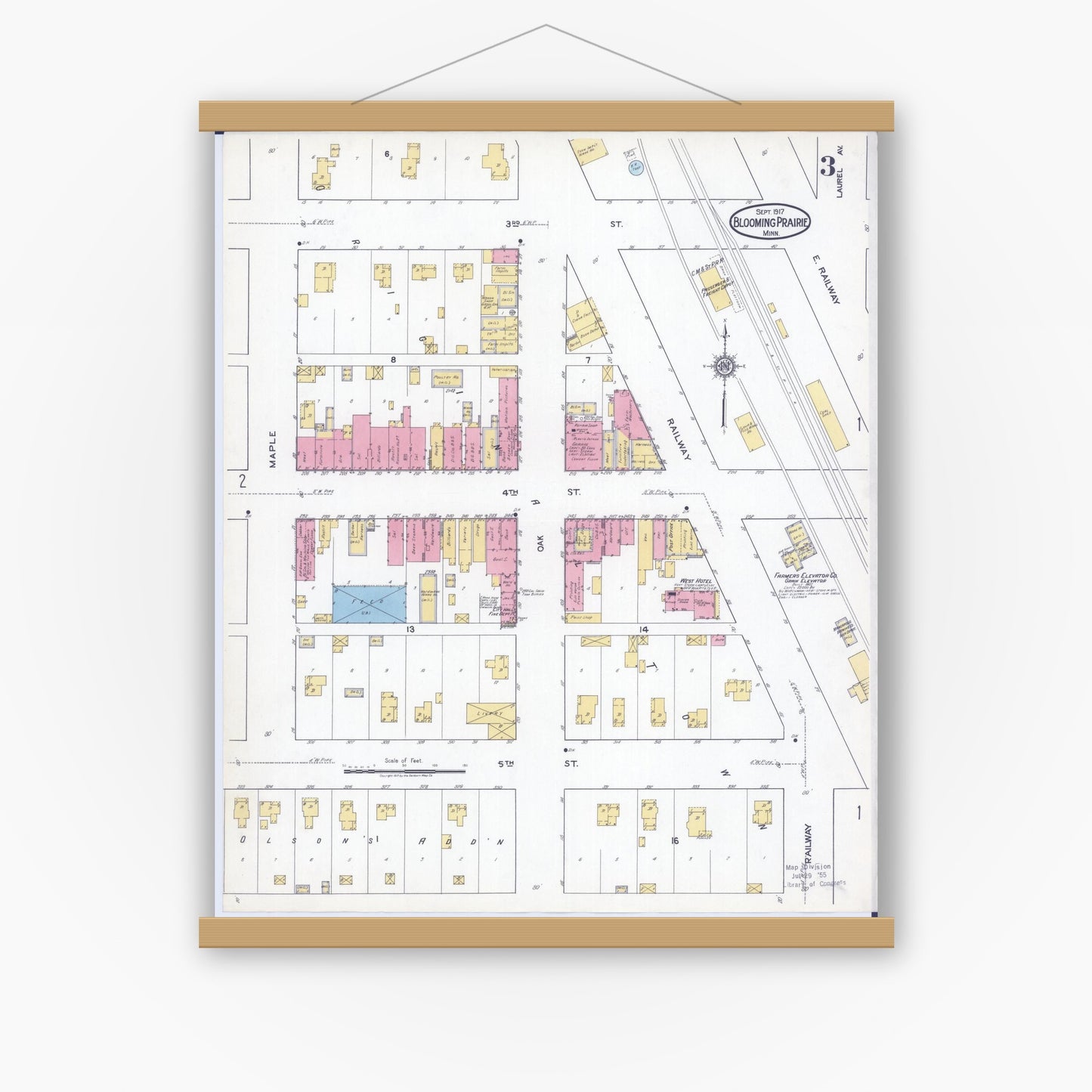 Old map wall art mockup — magnetic wood frame on white wall — Sanborn Fire Insurance Map from Blooming Prairie, Steele County, Minnesota (1917), Sheet #0003