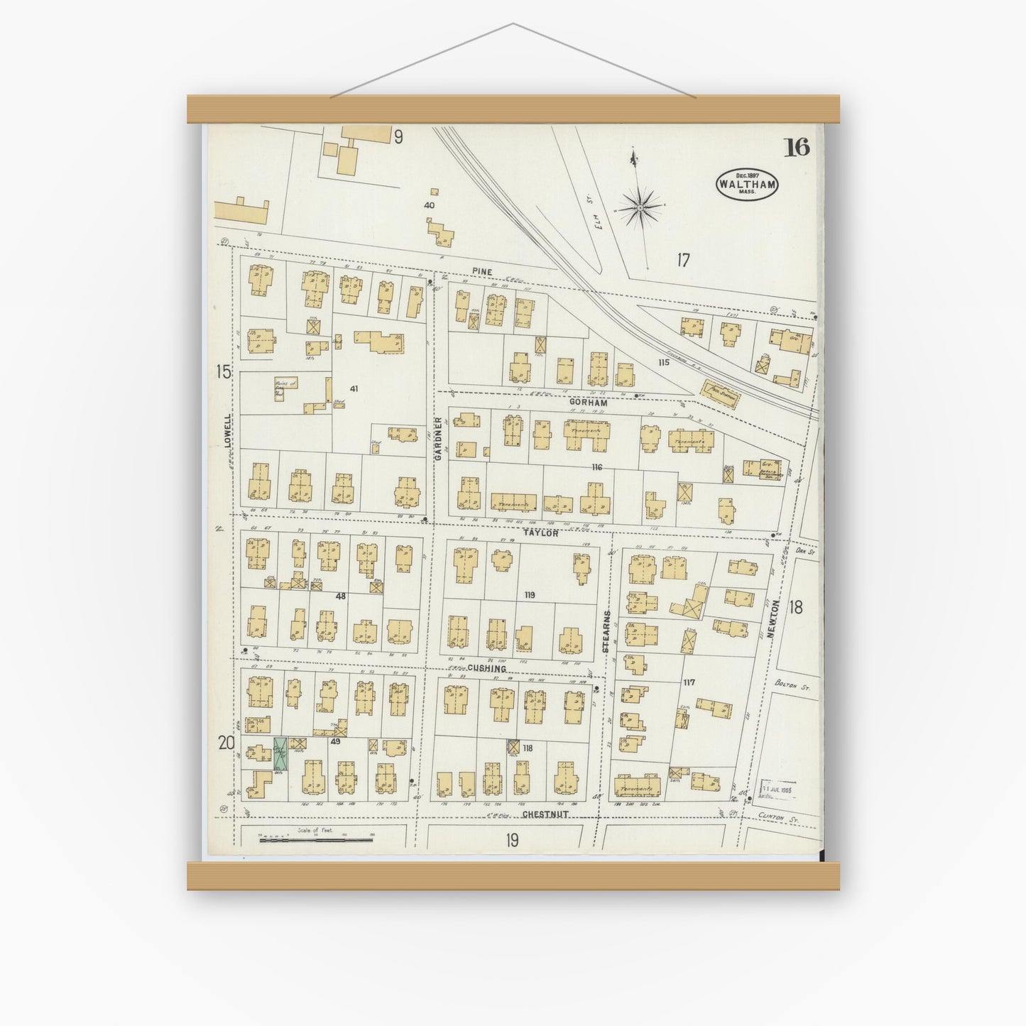 Old map wall art mockup — magnetic wood frame on white wall — Sanborn Fire Insurance Map from Waltham, Middlesex County, Massachusetts (1897), Sheet #0016