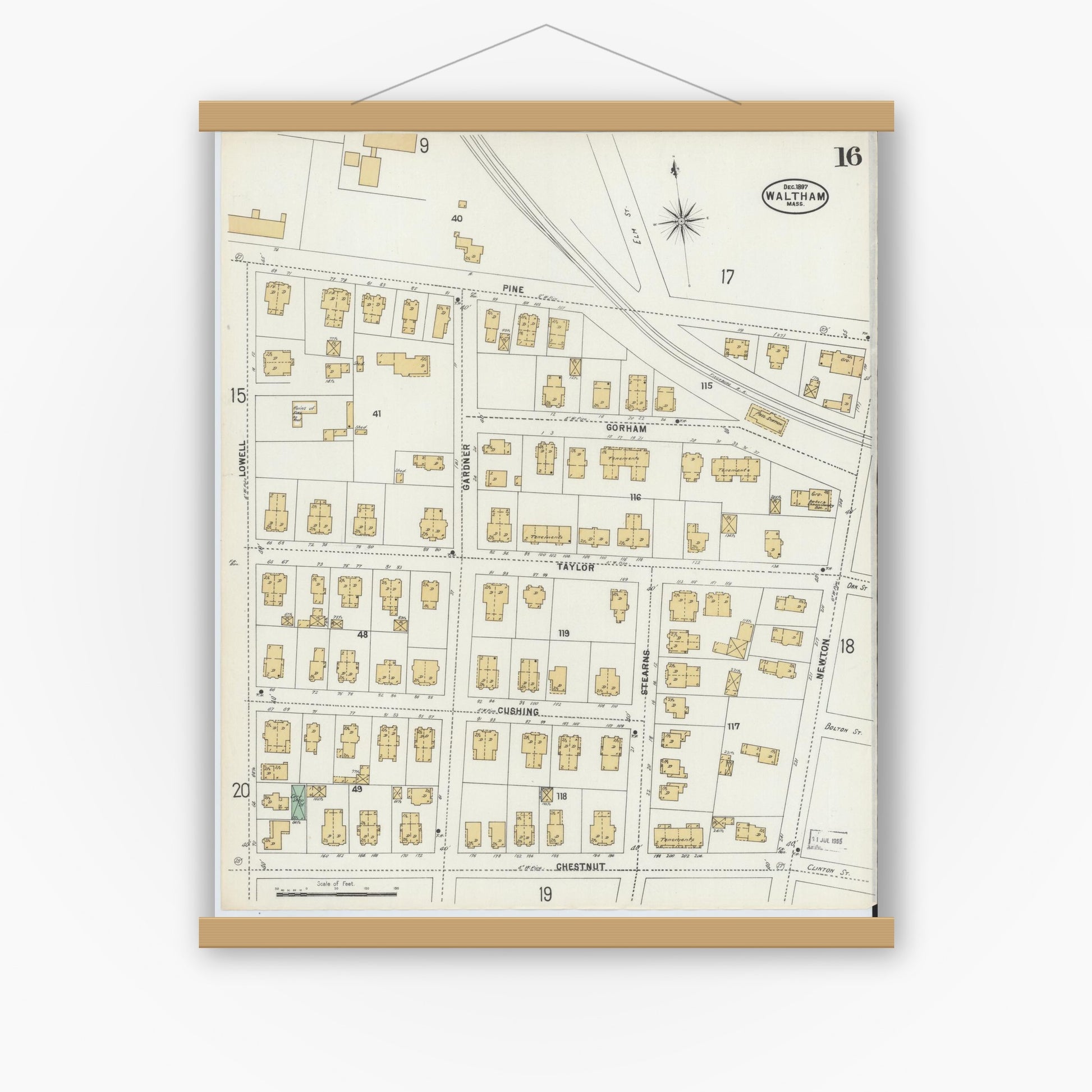 Old map wall art mockup — magnetic wood frame on white wall — Sanborn Fire Insurance Map from Waltham, Middlesex County, Massachusetts (1897), Sheet #0016