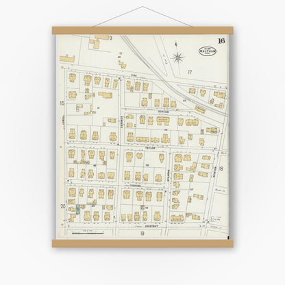 Old map wall art mockup — magnetic wood frame on white wall — Sanborn Fire Insurance Map from Waltham, Middlesex County, Massachusetts (1897), Sheet #0016