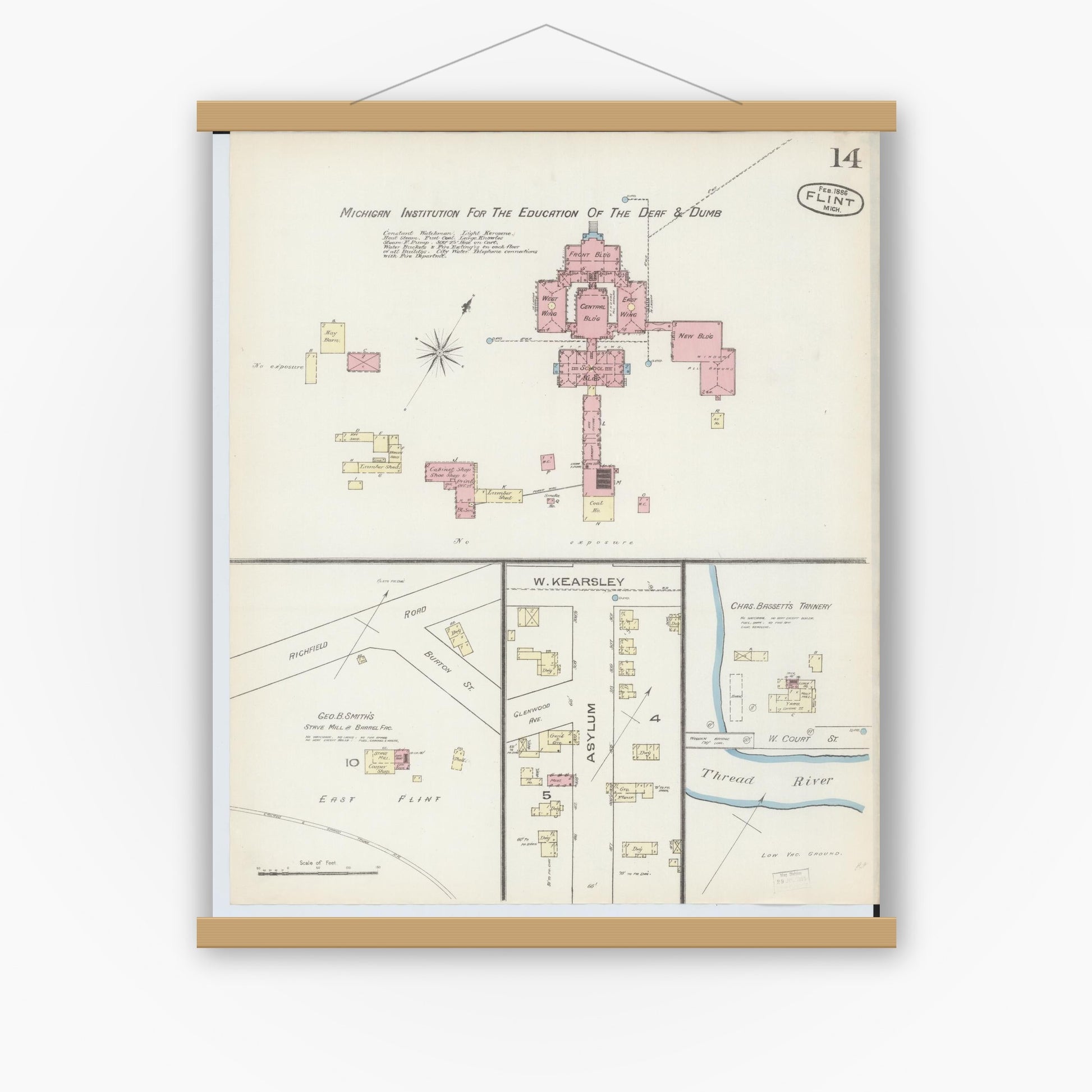 Old map wall art mockup — magnetic wood frame on white wall — Sanborn Fire Insurance Map from Flint, Genesee County, Michigan (1886), Sheet #0014