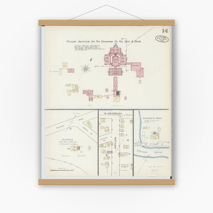 Old map wall art mockup — magnetic wood frame on white wall — Sanborn Fire Insurance Map from Flint, Genesee County, Michigan (1886), Sheet #0014