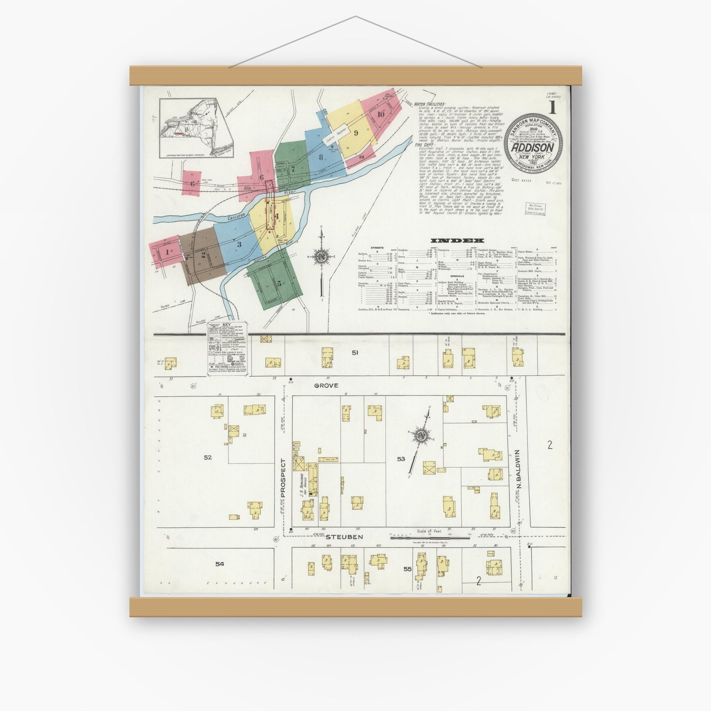 Old map wall art mockup — magnetic wood frame on white wall — Sanborn Fire Insurance Map from Addison, Steuben County, New York (1921), Sheet #0001