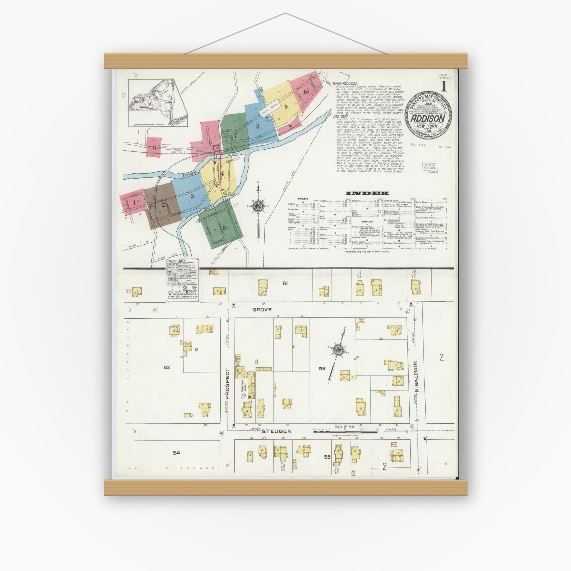 Old map wall art mockup — magnetic wood frame on white wall — Sanborn Fire Insurance Map from Addison, Steuben County, New York (1921), Sheet #0001