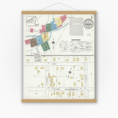Old map wall art mockup — magnetic wood frame on white wall — Sanborn Fire Insurance Map from Addison, Steuben County, New York (1921), Sheet #0001