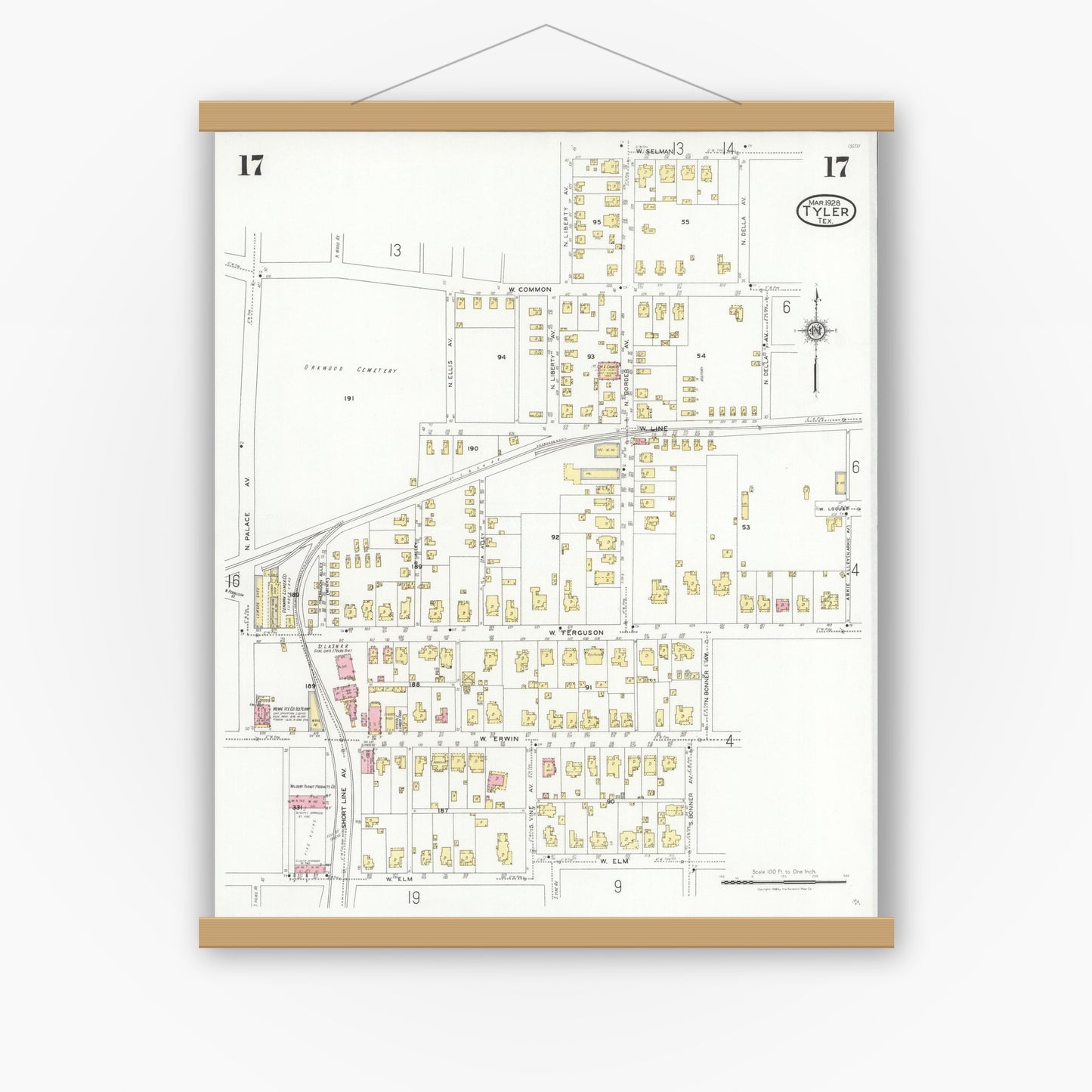 Old map wall art mockup — magnetic wood frame on white wall — Sanborn Fire Insurance Map from Tyler, Smith County, Texas (1928), Sheet #0017