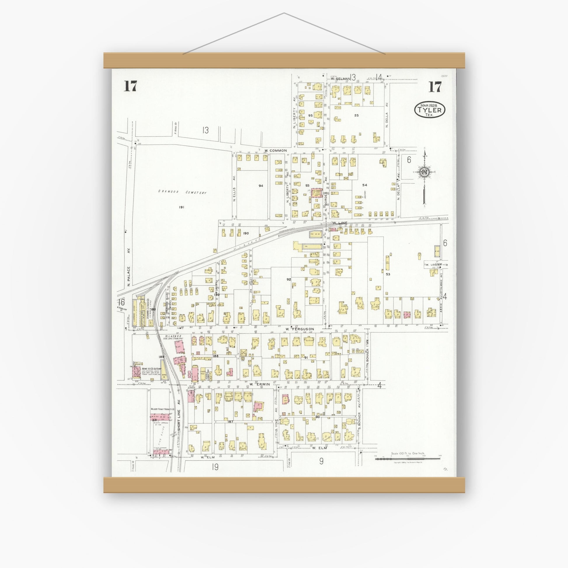 Old map wall art mockup — magnetic wood frame on white wall — Sanborn Fire Insurance Map from Tyler, Smith County, Texas (1928), Sheet #0017
