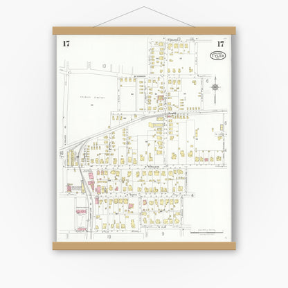 Old map wall art mockup — magnetic wood frame on white wall — Sanborn Fire Insurance Map from Tyler, Smith County, Texas (1928), Sheet #0017