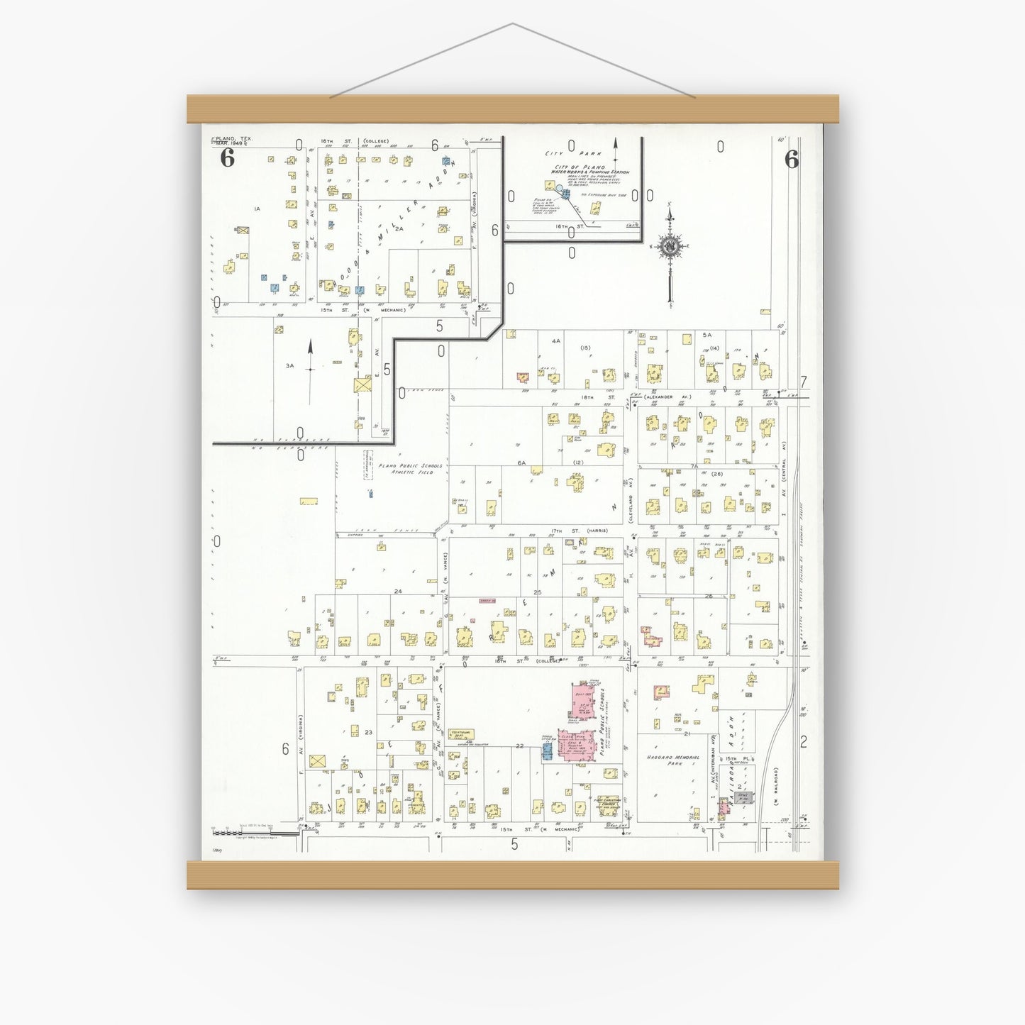Old map wall art mockup — magnetic wood frame on white wall — Sanborn Fire Insurance Map from Plano, Collin County, Texas (1949), Sheet #0006
