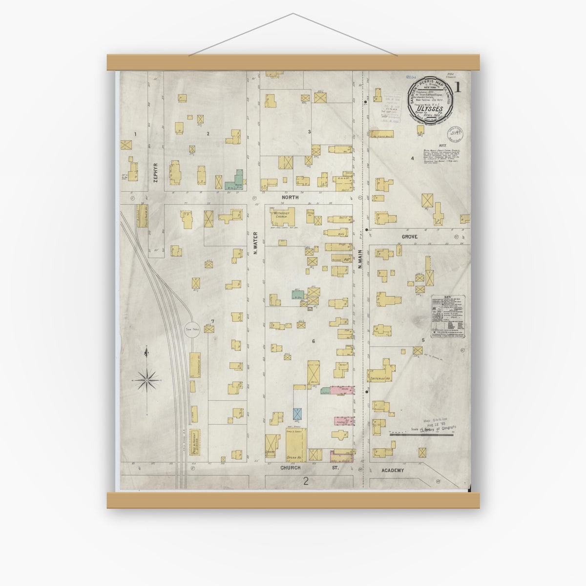 Old map wall art mockup — magnetic wood frame on white wall — Sanborn Fire Insurance Map from Ulysses, Potter County, Pennsylvania (1900), Sheet #0001