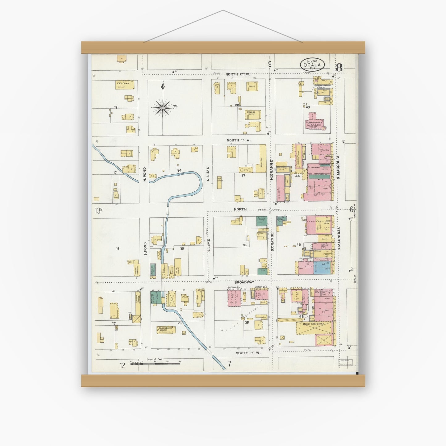 Old map wall art mockup — magnetic wood frame on white wall — Sanborn Fire Insurance Map from Ocala, Marion County, Florida (1906), Sheet #0008