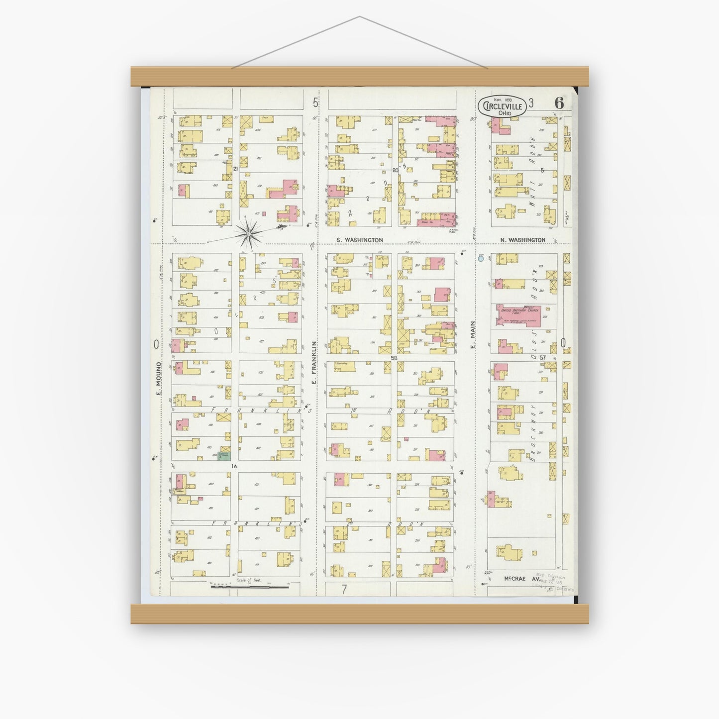 Old map wall art mockup — magnetic wood frame on white wall — Sanborn Fire Insurance Map from Circleville, Pickaway County, Ohio (1899), Sheet #0006