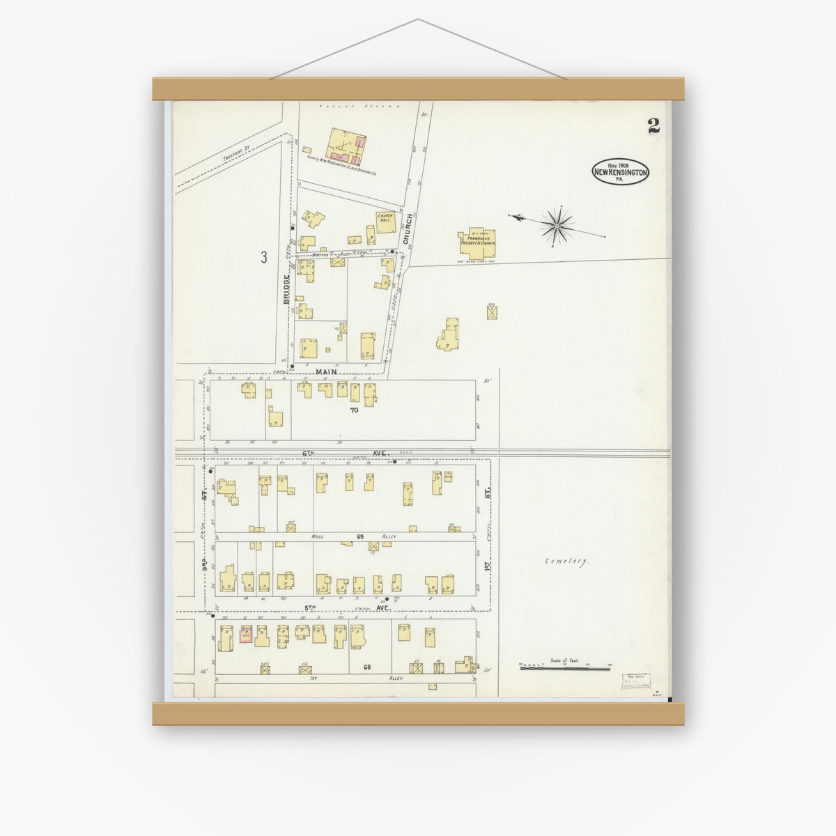 Old map wall art mockup — magnetic wood frame on white wall — Sanborn Fire Insurance Map from New Kensington, Westmoreland County, Pennsylvania (1905), Sheet #0002