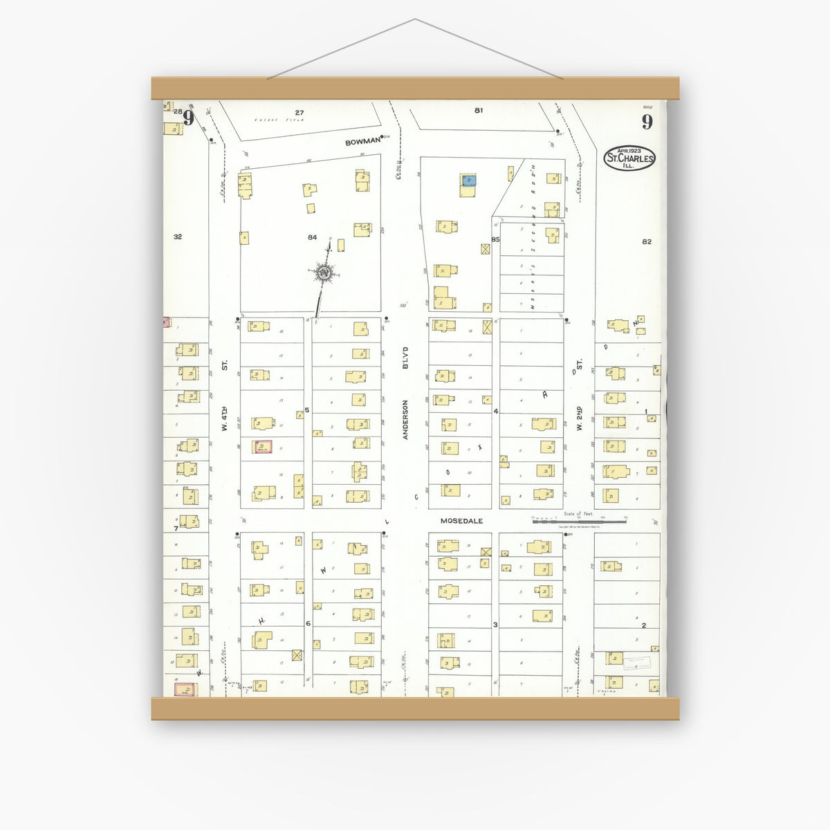 Old map wall art mockup — magnetic wood frame on white wall — Sanborn Fire Insurance Map from Saint Charles, Kane County, Illinois (1923), Sheet #0009