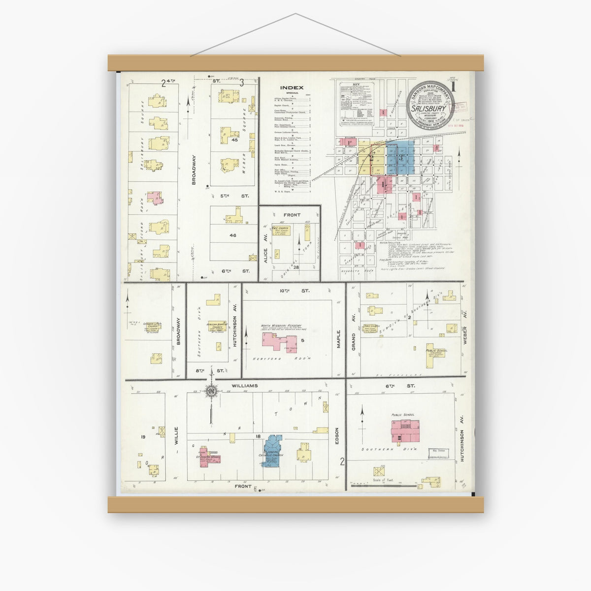 Old map wall art mockup — magnetic wood frame on white wall — Sanborn Fire Insurance Map from Salisbury, Chariton County, Missouri (1910) - Complete Map Set