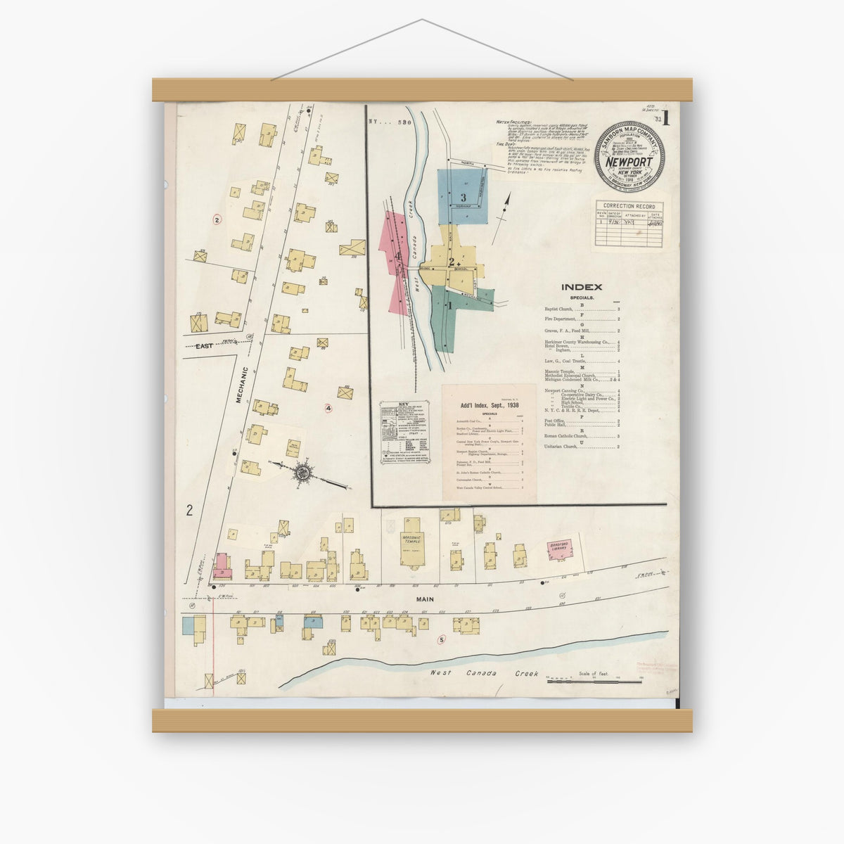 Old map wall art mockup — magnetic wood frame on white wall — Sanborn Fire Insurance Map from Newport, Herkimer County, New York (1938) - Complete Map Set