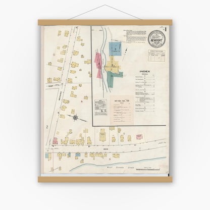 Old map wall art mockup — magnetic wood frame on white wall — Sanborn Fire Insurance Map from Newport, Herkimer County, New York (1938) - Complete Map Set