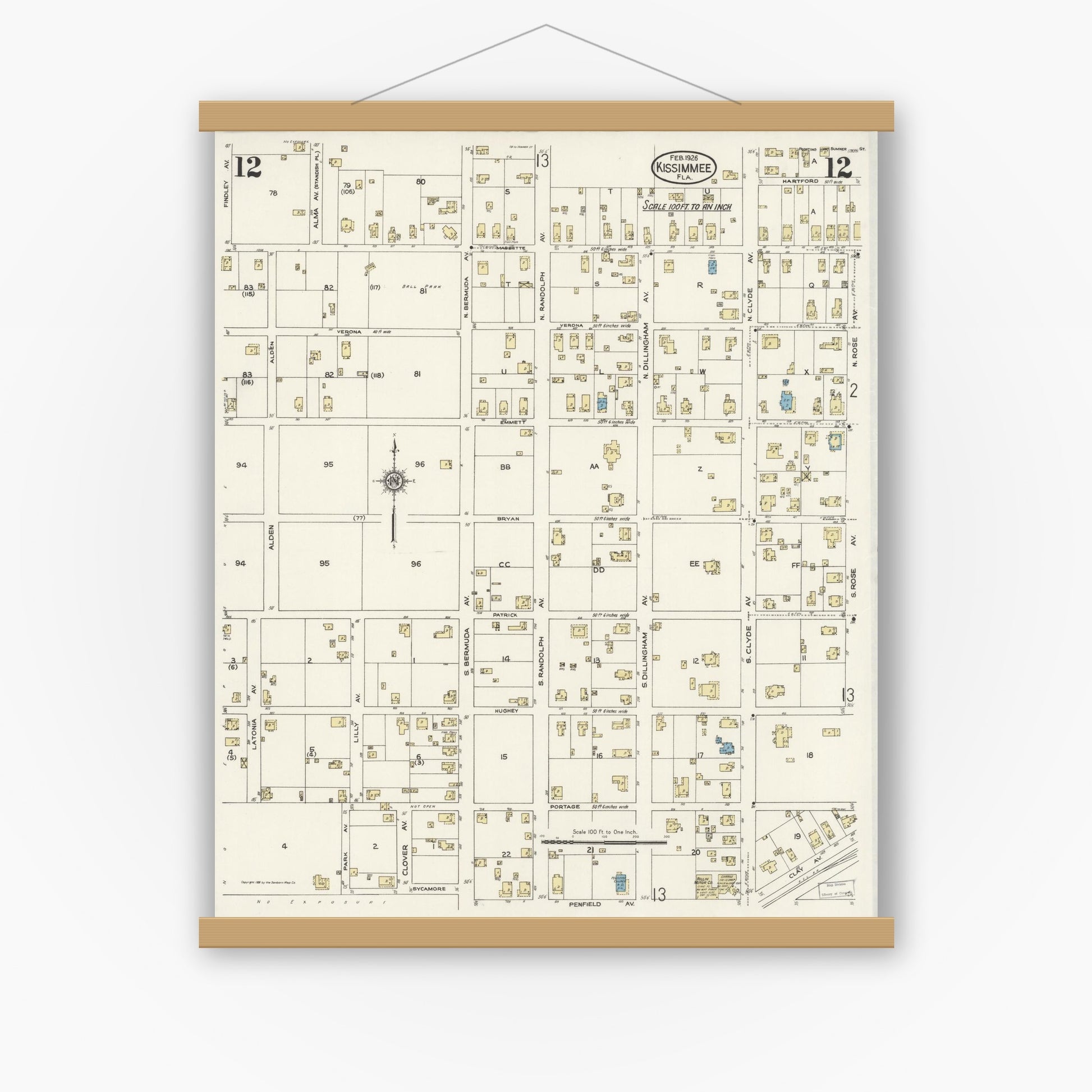 Old map wall art mockup — magnetic wood frame on white wall — Sanborn Fire Insurance Map from Kissimmee, Osceola County, Florida (1926), Sheet #0012