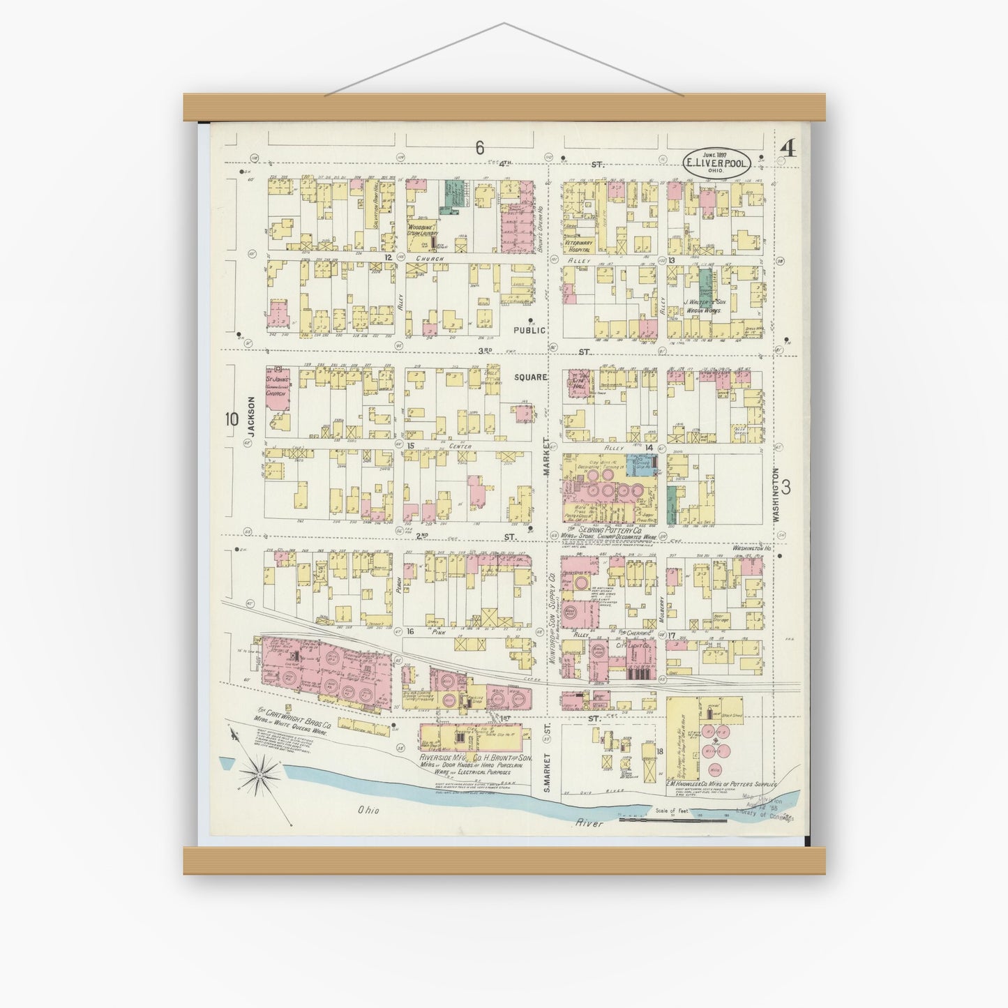 Old map wall art mockup — magnetic wood frame on white wall — Sanborn Fire Insurance Map from East Liverpool, Columbiana County, Ohio (1897), Sheet #0004