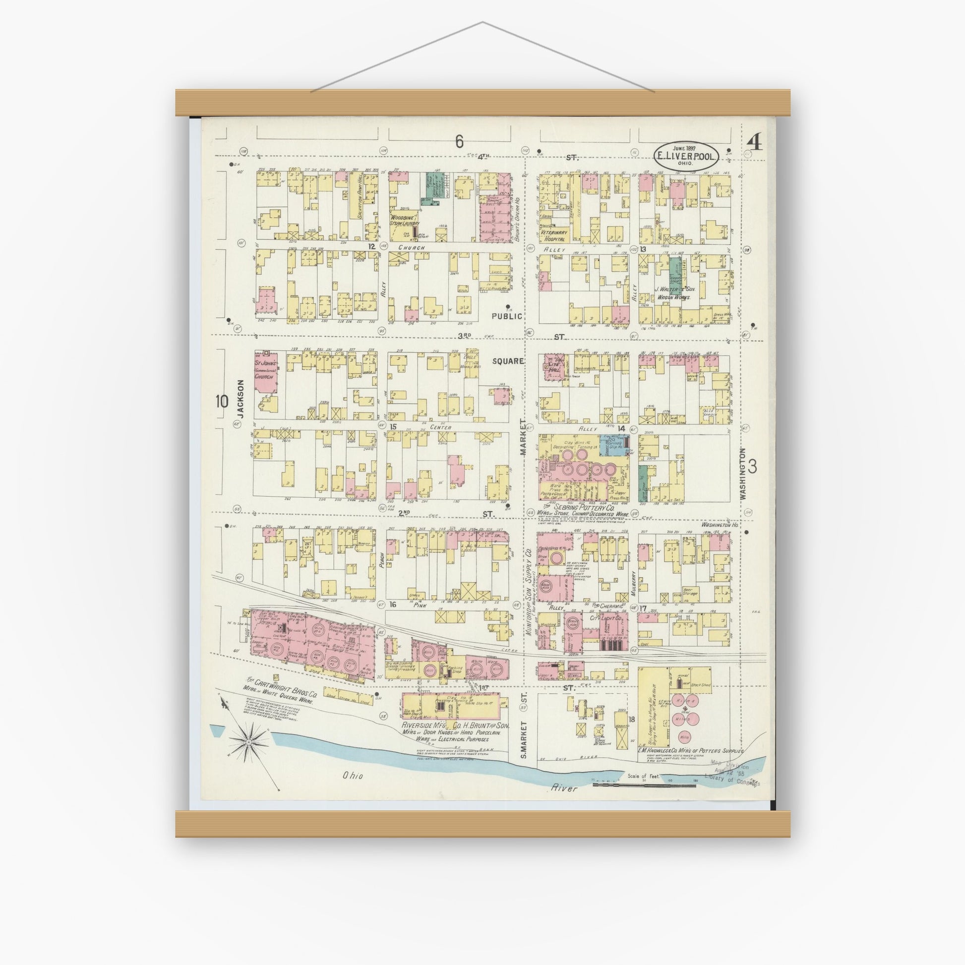 Old map wall art mockup — magnetic wood frame on white wall — Sanborn Fire Insurance Map from East Liverpool, Columbiana County, Ohio (1897), Sheet #0004