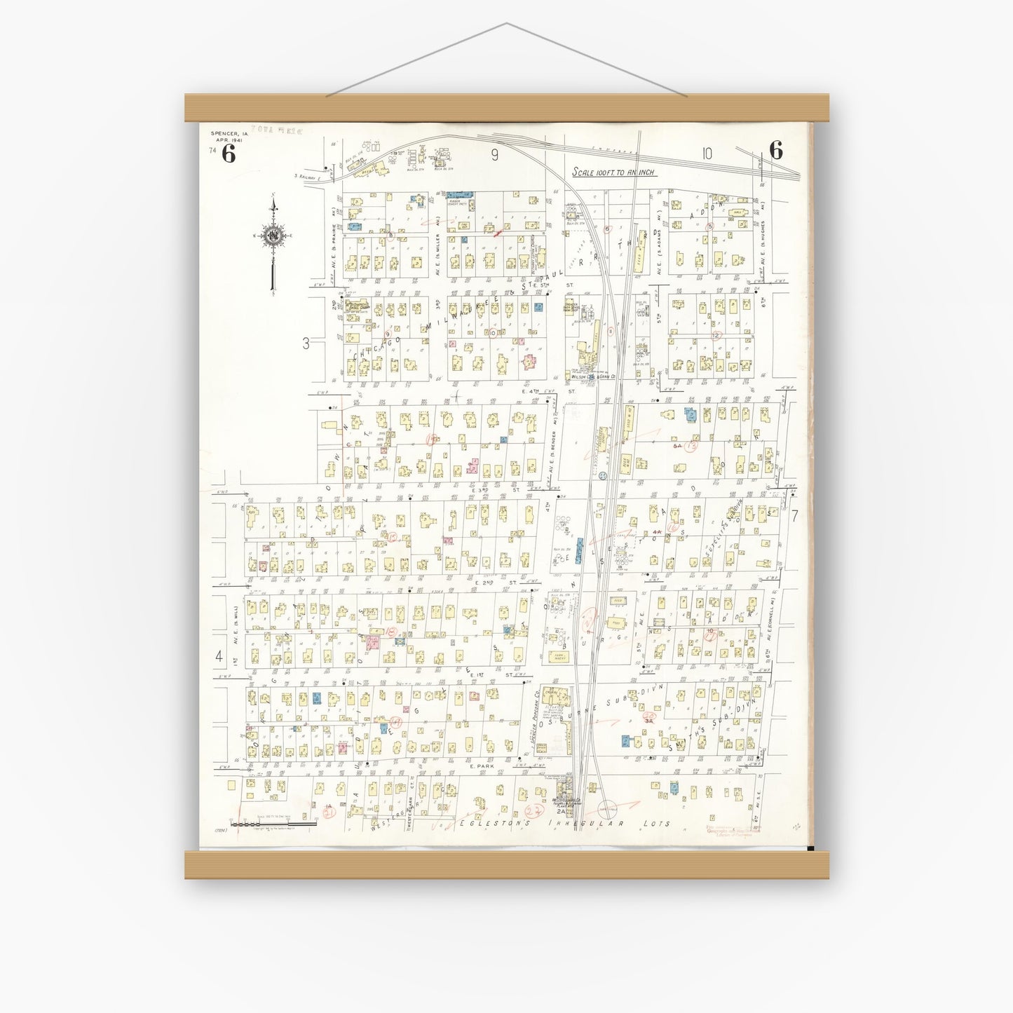 Old map wall art mockup — magnetic wood frame on white wall — Sanborn Fire Insurance Map from Spencer, Clay County, Iowa (1946), Sheet #0006