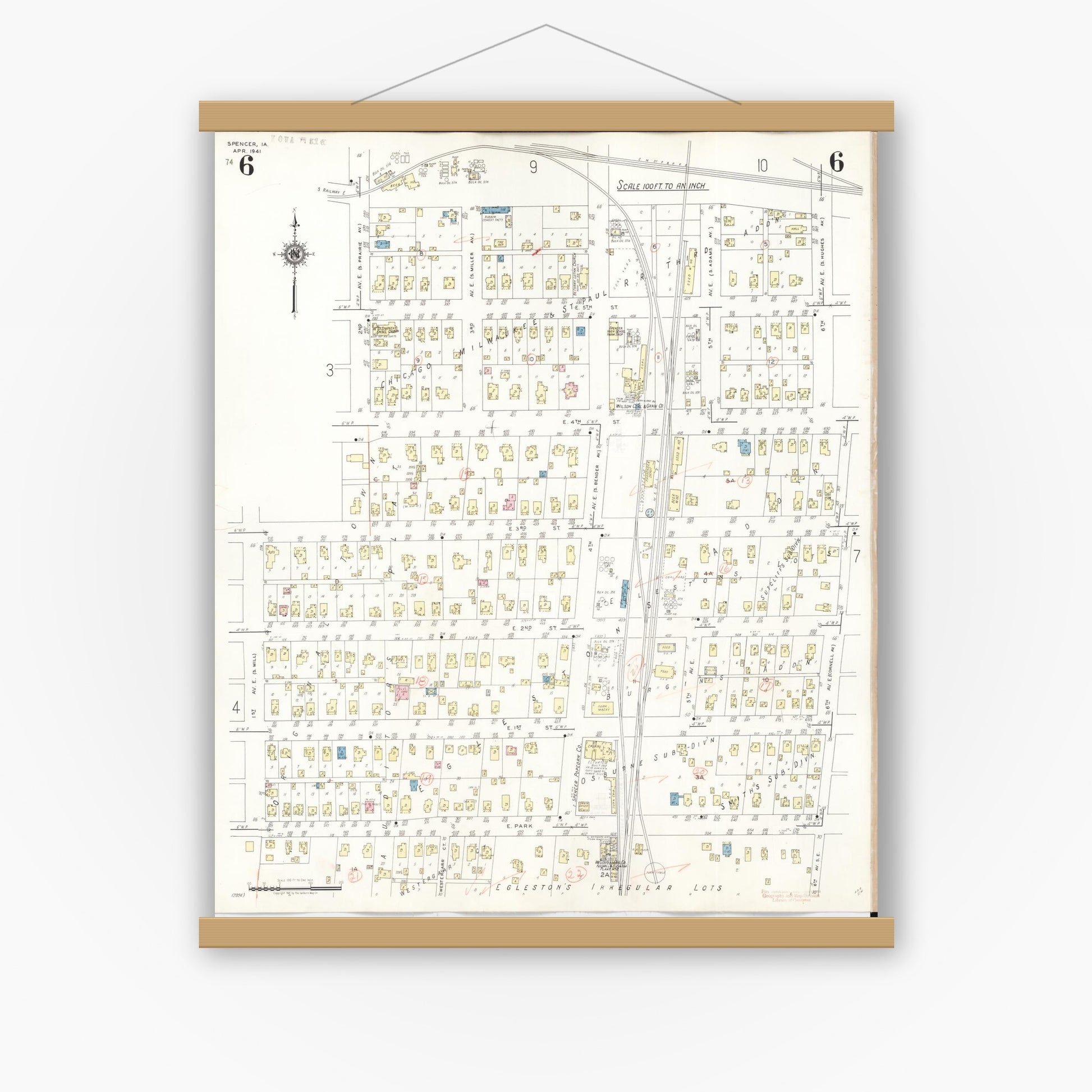 Old map wall art mockup — magnetic wood frame on white wall — Sanborn Fire Insurance Map from Spencer, Clay County, Iowa (1946), Sheet #0006