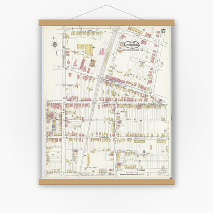 Old map wall art mockup — magnetic wood frame on white wall — Sanborn Fire Insurance Map from Chambersburg, Franklin County, Pennsylvania (1916), Sheet #0017