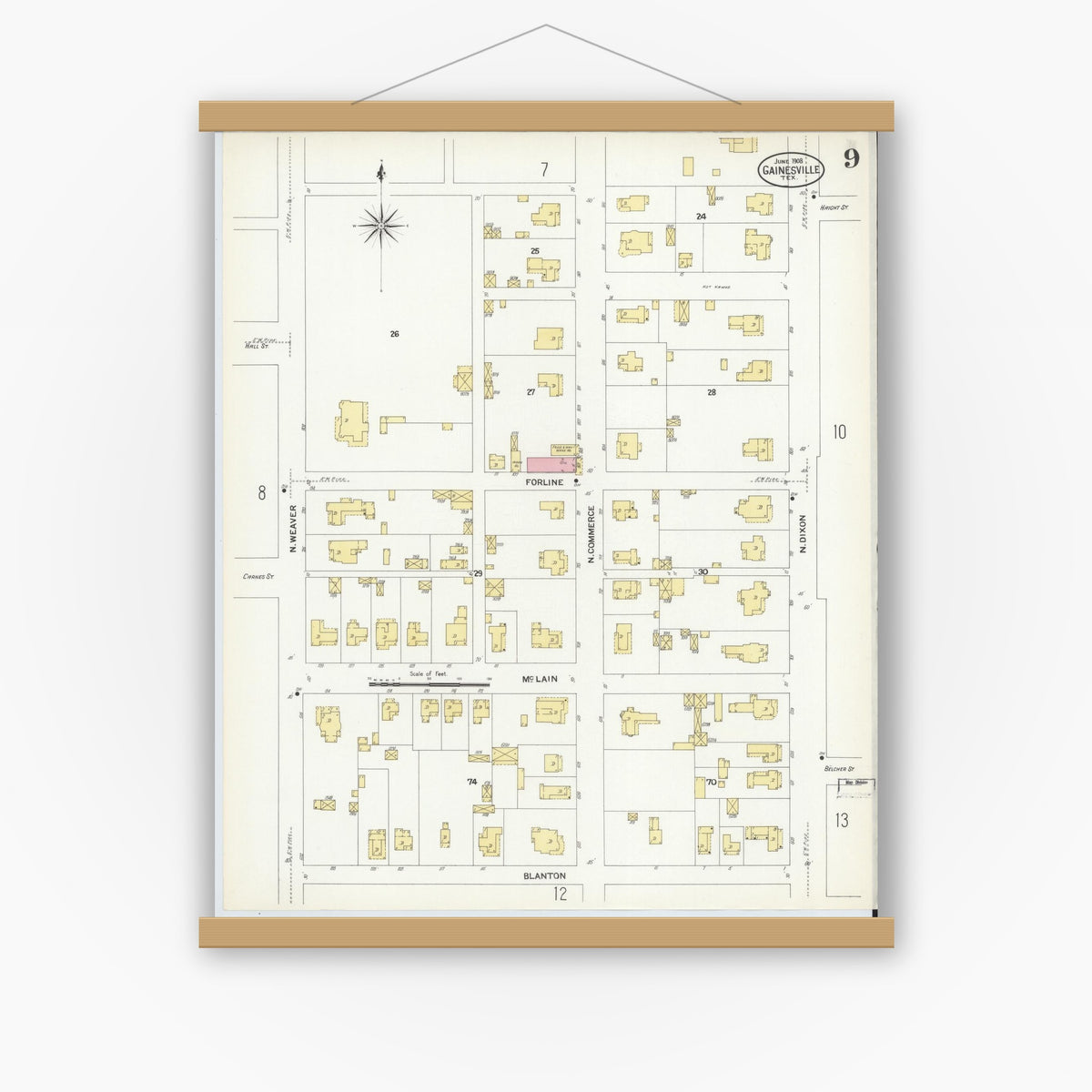 Old map wall art mockup — magnetic wood frame on white wall — Sanborn Fire Insurance Map from Gainesville, Cooke County, Texas (1908), Sheet #0009