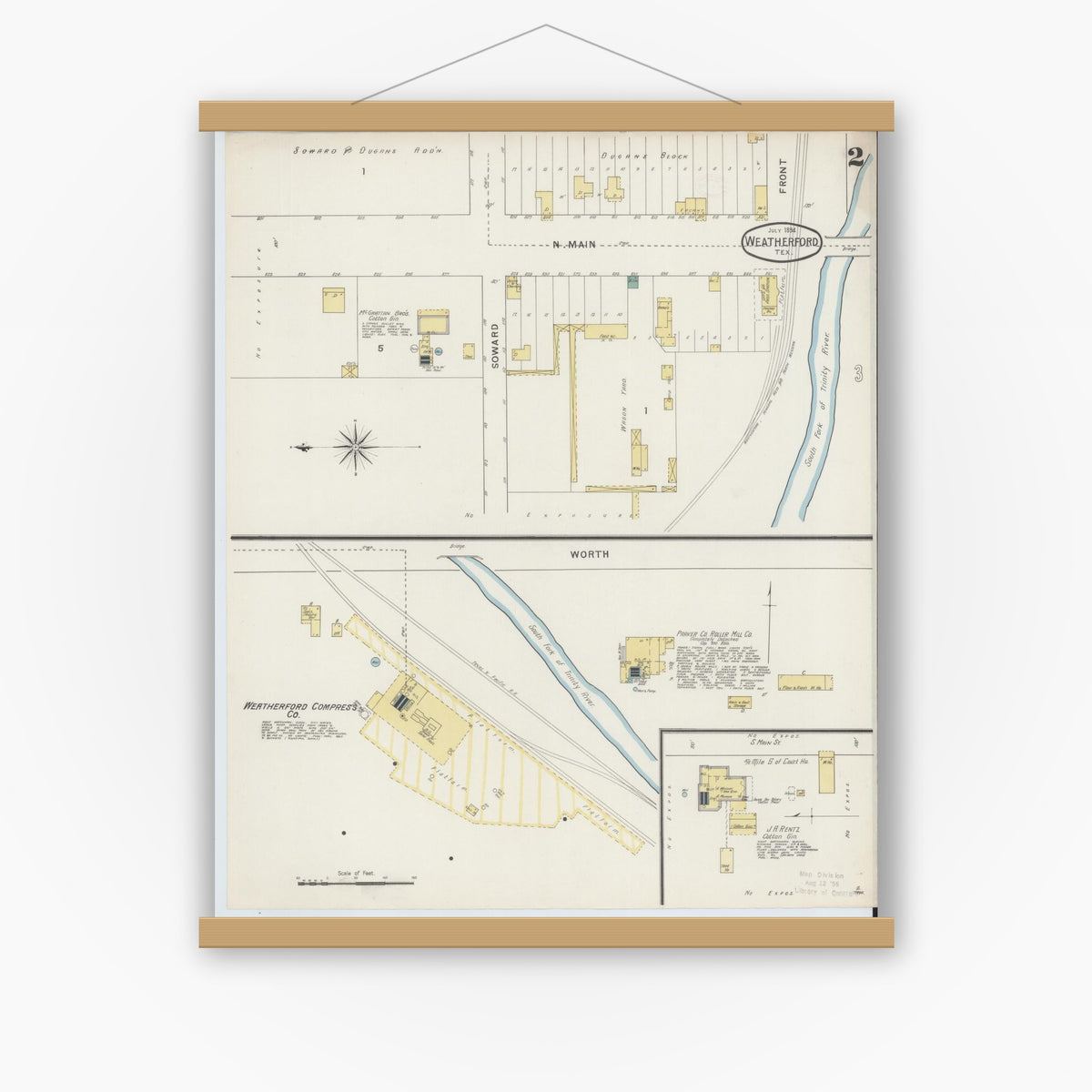 Old map wall art mockup — magnetic wood frame on white wall — Sanborn Fire Insurance Map from Weatherford, Parker County, Texas (1894), Sheet #0002