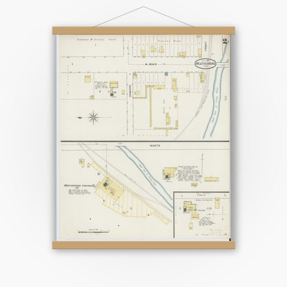 Old map wall art mockup — magnetic wood frame on white wall — Sanborn Fire Insurance Map from Weatherford, Parker County, Texas (1894), Sheet #0002