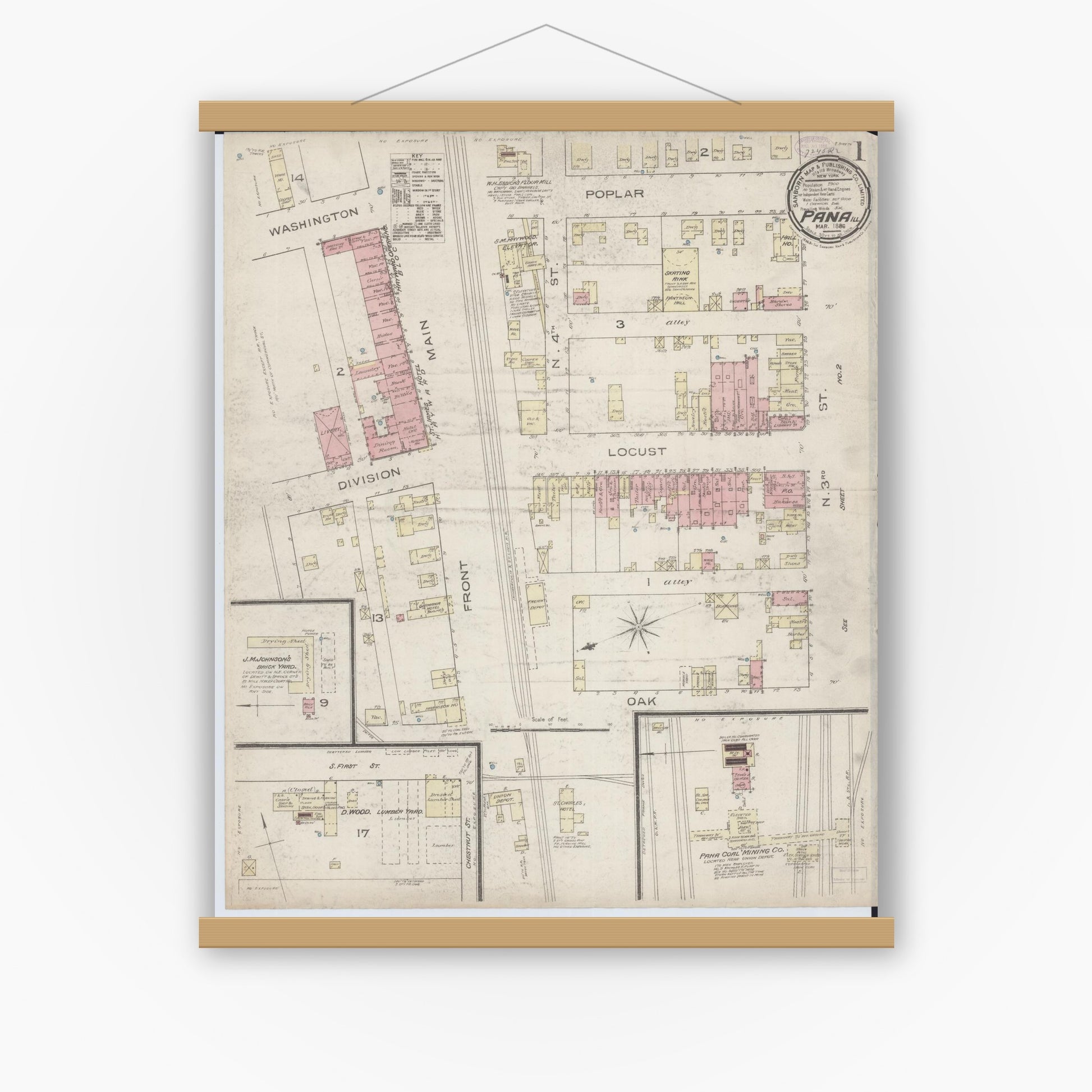 Old map wall art mockup — magnetic wood frame on white wall — Sanborn Fire Insurance Map from Pana, Christian County, Illinois (1886) - Complete Map Set