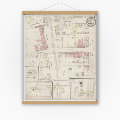 Old map wall art mockup — magnetic wood frame on white wall — Sanborn Fire Insurance Map from Pana, Christian County, Illinois (1886) - Complete Map Set
