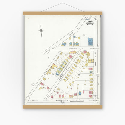 Old map wall art mockup — magnetic wood frame on white wall — Sanborn Fire Insurance Map from Ambler, Montgomery County, Pennsylvania (1921), Sheet #0004
