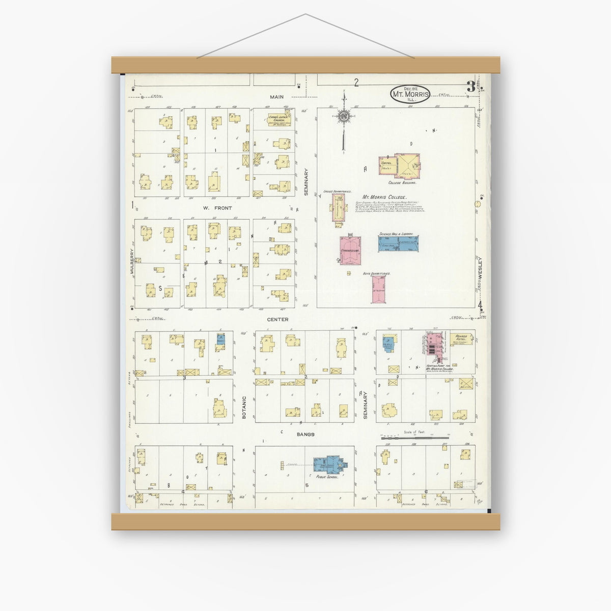 Old map wall art mockup — magnetic wood frame on white wall — Sanborn Fire Insurance Map from Mount Morris, Ogle County, Illinois (1912), Sheet #0003