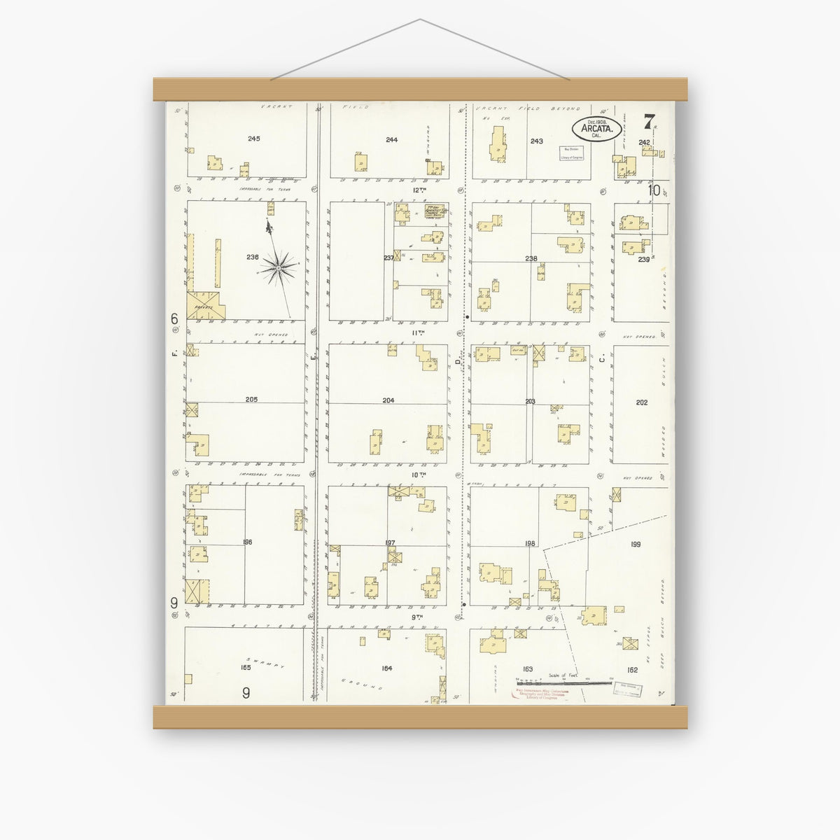 Old map wall art mockup — magnetic wood frame on white wall — Sanborn Fire Insurance Map from Arcata, Humboldt County, California (1908), Sheet #0007