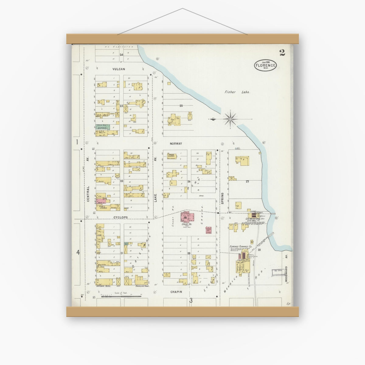 Old map wall art mockup — magnetic wood frame on white wall — Sanborn Fire Insurance Map from Florence, Florence County, Wisconsin (1898), Sheet #0002