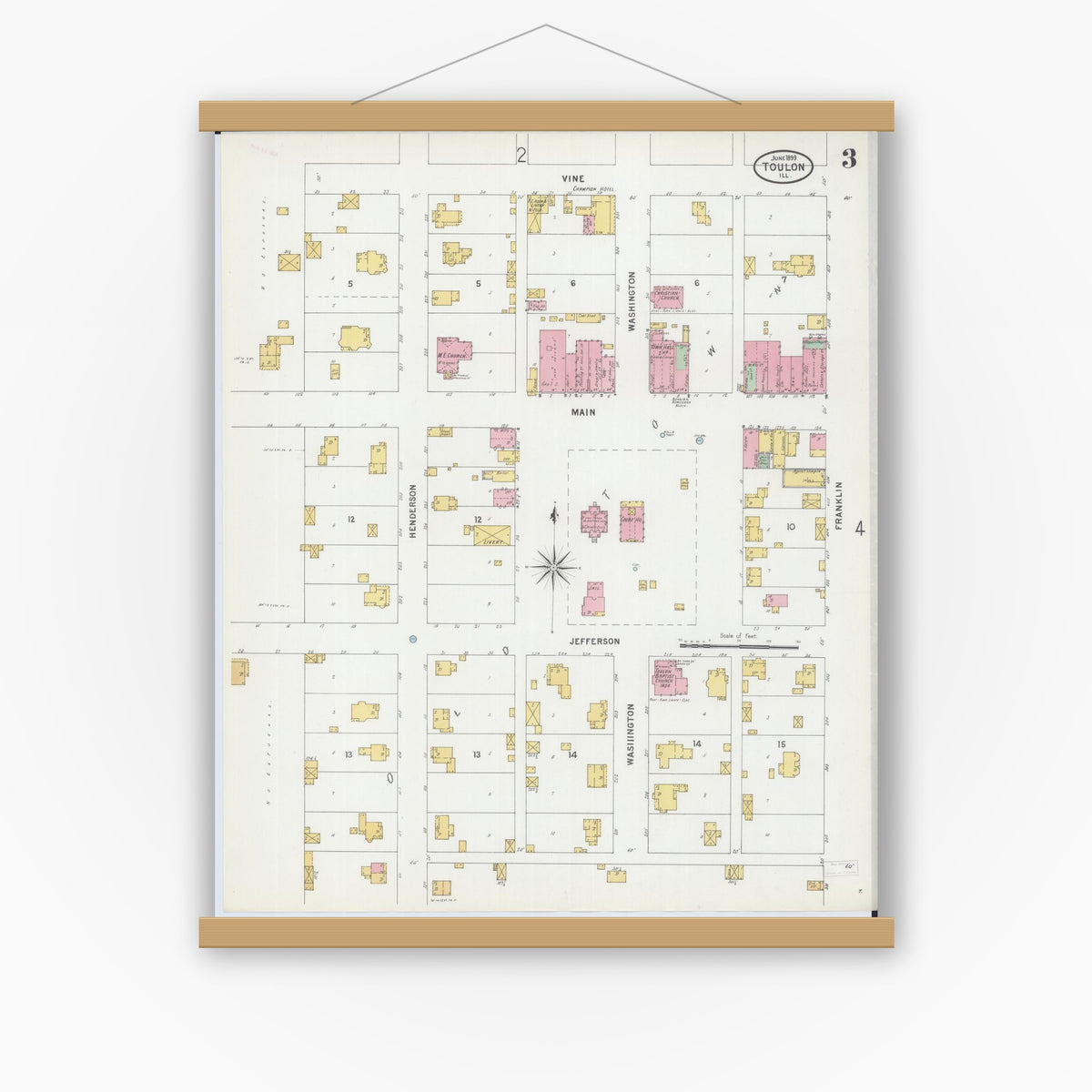 Old map wall art mockup — magnetic wood frame on white wall — Sanborn Fire Insurance Map from Toulon, Stark County, Illinois (1899), Sheet #0003