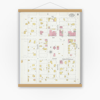 Old map wall art mockup — magnetic wood frame on white wall — Sanborn Fire Insurance Map from Toulon, Stark County, Illinois (1899), Sheet #0003