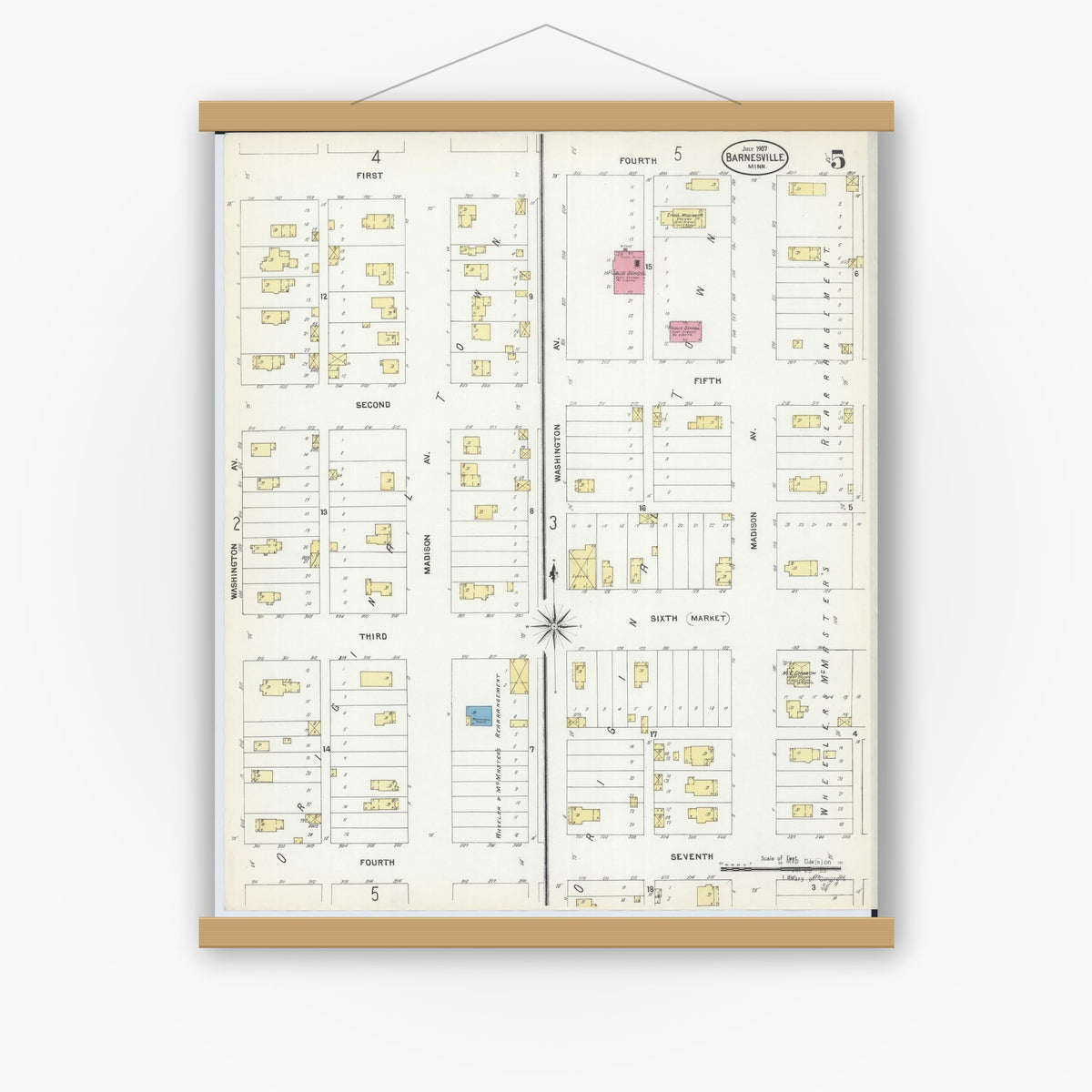 Old map wall art mockup — magnetic wood frame on white wall — Sanborn Fire Insurance Map from Barnesville, Clay County, Minnesota (1907), Sheet #0005
