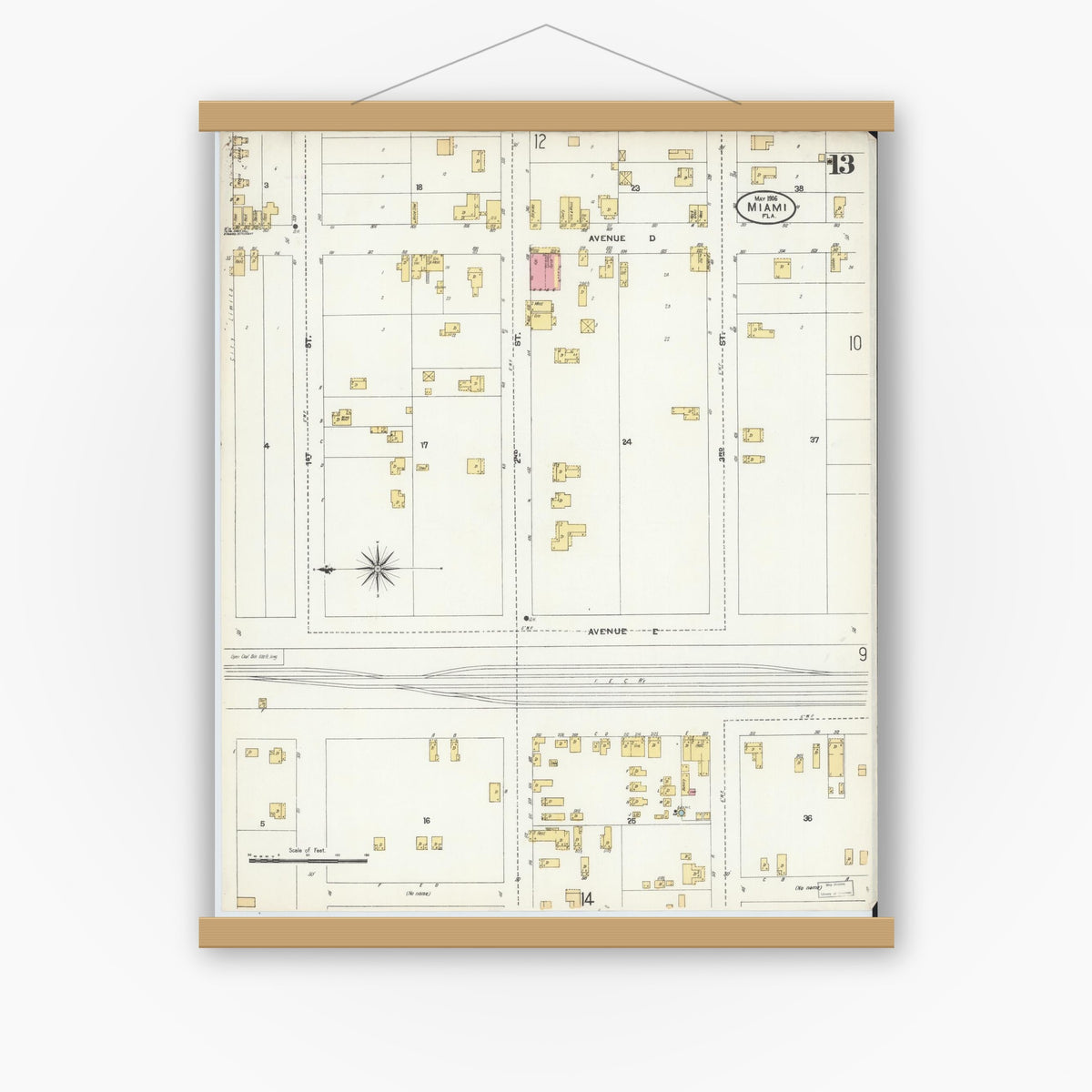 Old map wall art mockup — magnetic wood frame on white wall — Sanborn Fire Insurance Map from Miami, Dade County, Florida (1906), Sheet #0013