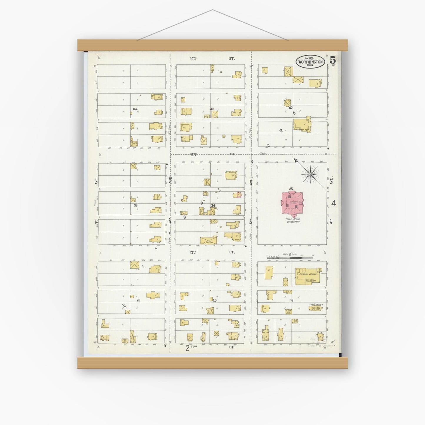Old map wall art mockup — magnetic wood frame on white wall — Sanborn Fire Insurance Map from Worthington, Nobles County, Minnesota (1900), Sheet #0005