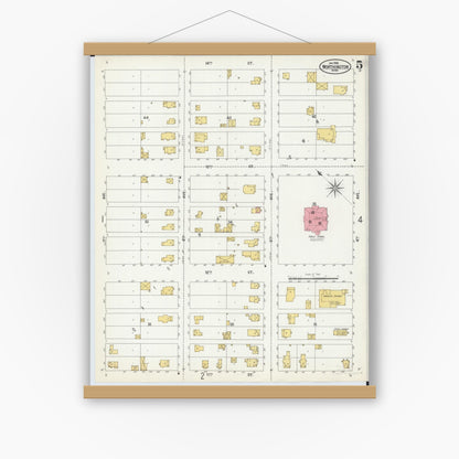 Old map wall art mockup — magnetic wood frame on white wall — Sanborn Fire Insurance Map from Worthington, Nobles County, Minnesota (1900), Sheet #0005