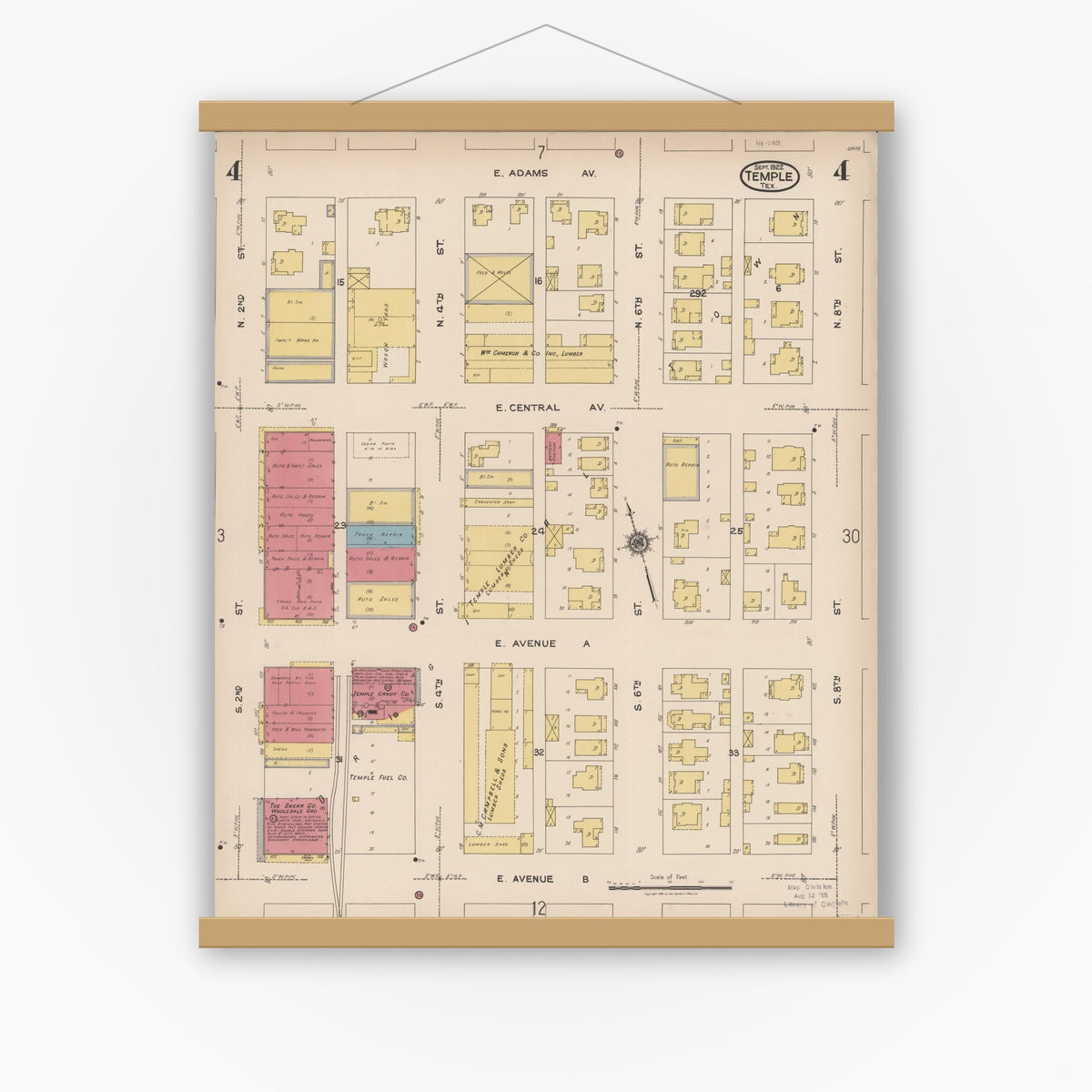 Old map wall art mockup — magnetic wood frame on white wall — Sanborn Fire Insurance Map from Temple, Bell County, Texas (1922), Sheet #0004
